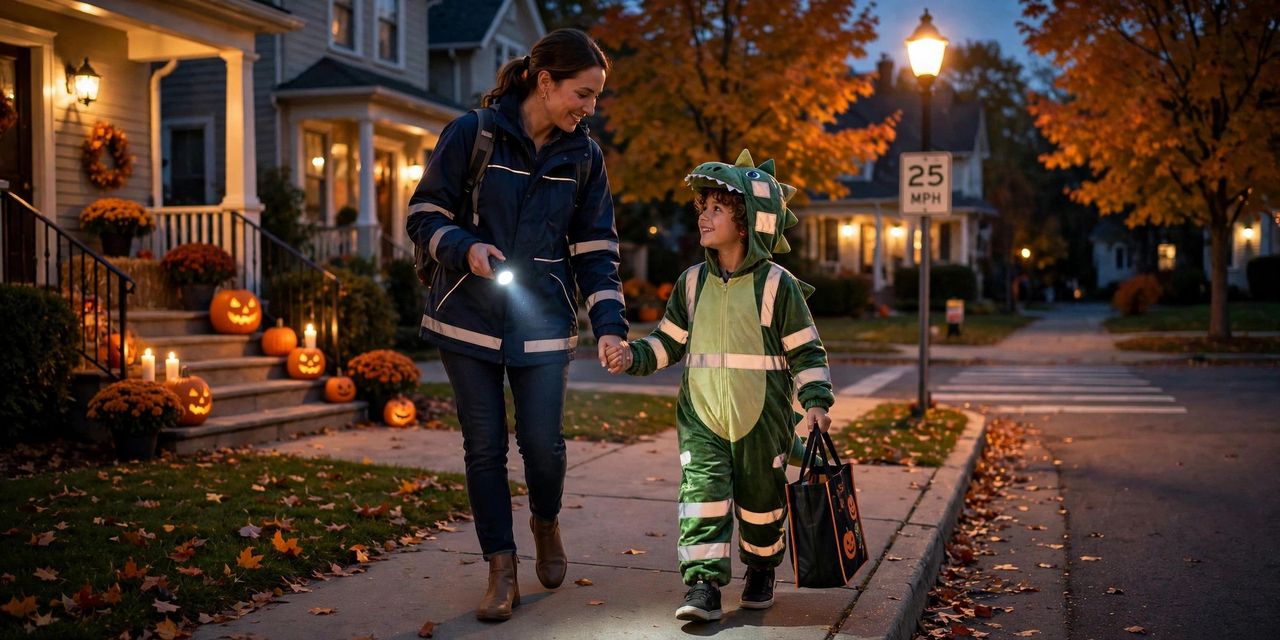 Parent holding a young child dressed as a witch with a glowing jack-o'-lantern bag at dusk on a safely lit street