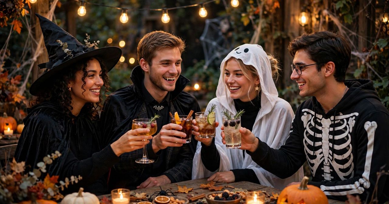 Four smiling jack-o'-lantern pumpkins with a witch hat, lanterns, string lights and autumn leaves on a wooden porch
