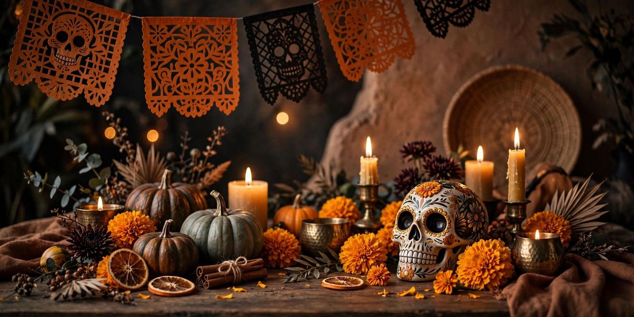 Cosy Halloween scene with smiling pumpkins, candles, autumn leaves and an open greeting card beside golden Halloween Wishes in Urdu title text
