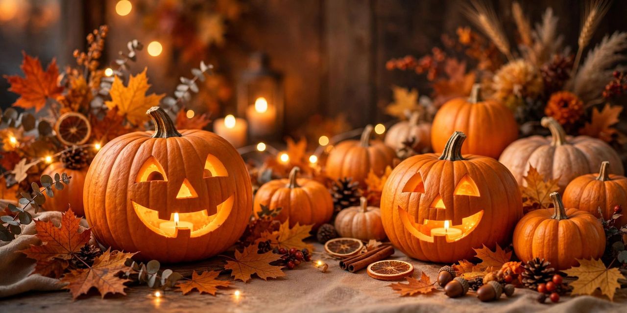 A stack of elegant Halloween greeting cards with a pumpkin in a witch hat beside candles and glowing jack-o'-lanterns