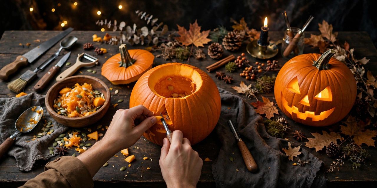 Six step photo collage showing how to carve a pumpkin from choosing and cutting the lid to scooping, carving a classic face and lighting it with a candle