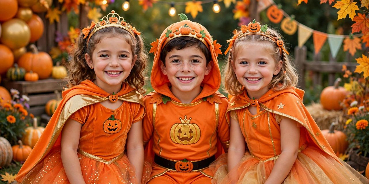 Four happy children in kids Halloween costumes — pumpkin, witch, vampire and superhero — holding pumpkin candy buckets