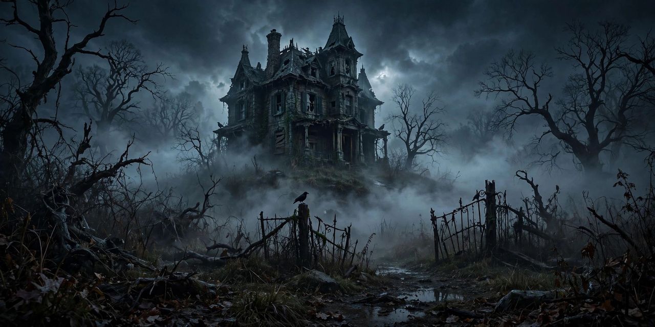 A haunted house under a full moon with glowing jack-o'-lanterns, bats, fog and a spooky graveyard on Halloween night