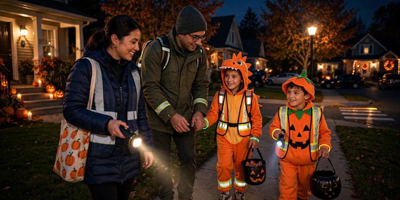 A parent holding a torch walking with a child in a reflective-trimmed witch costume carrying a pumpkin bucket on a decorated street