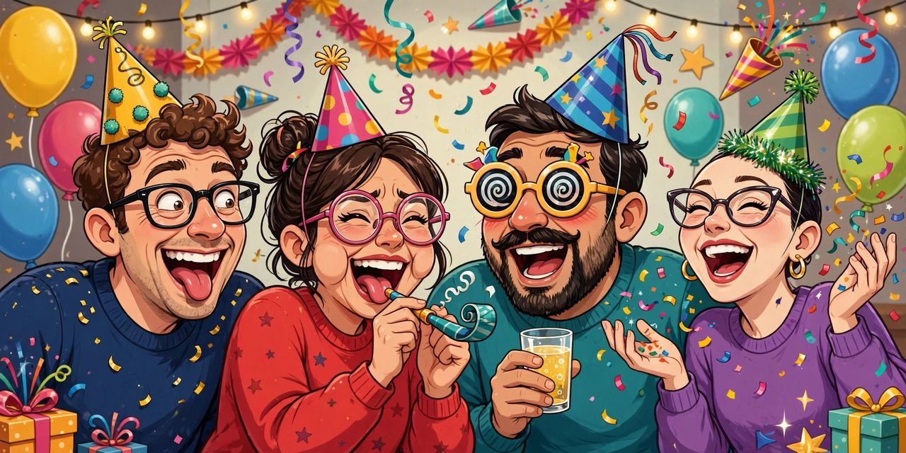 Friends laughing in party hats as confetti falls in front of a clock approaching midnight