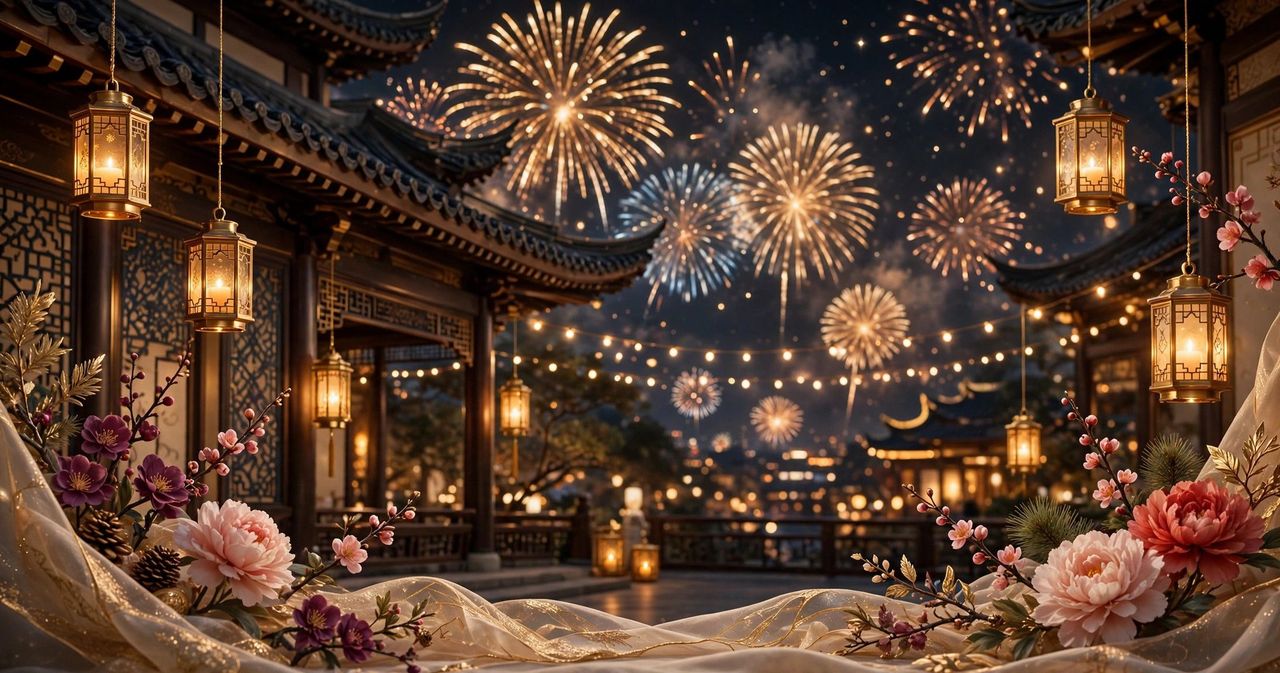 Elegant New Year greeting scene with golden fireworks, a clock near midnight and a warm Happy New Year card