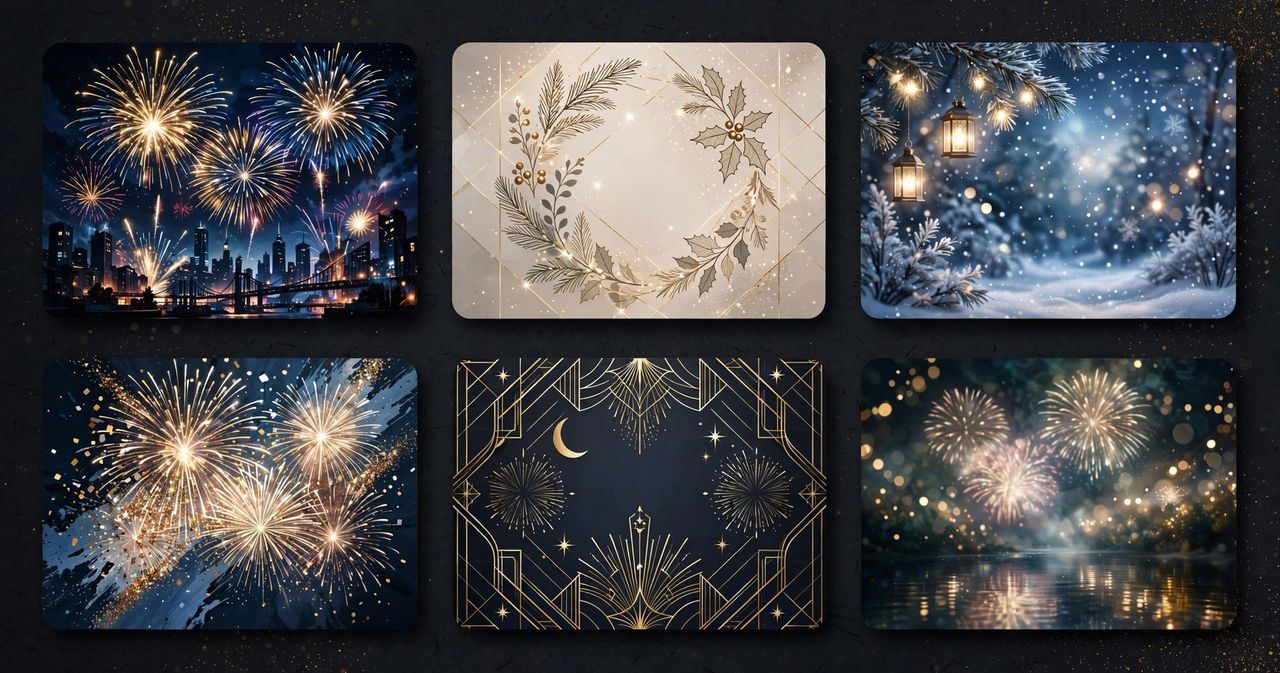 Phone and tablet showing 2027 fireworks wallpapers with champagne and confetti, textless
