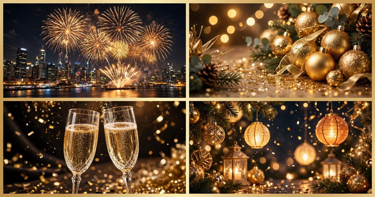 Hands raising champagne glasses under golden fireworks over a glowing city skyline at midnight on New Year's Eve