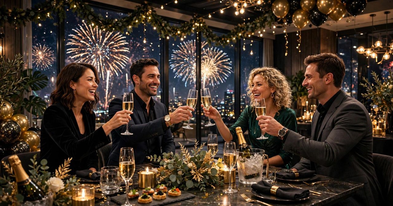 Glamorous New Year party table with gold balloons, a glowing 2027 display, string lights, snacks and drinks