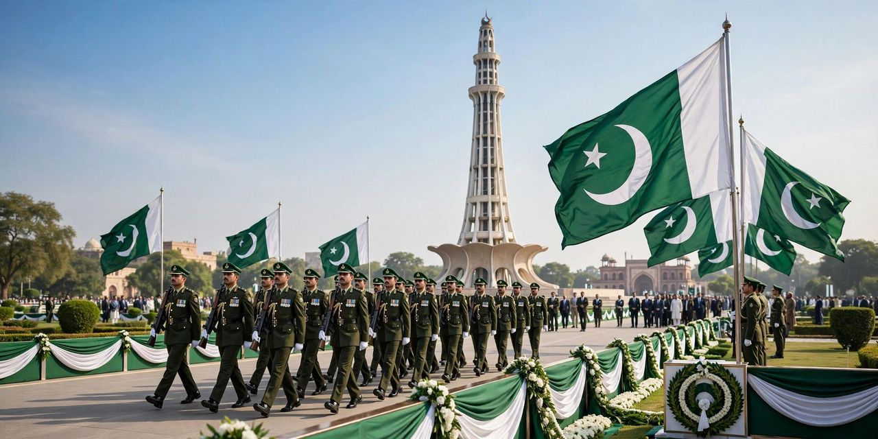 Minar-e-Pakistan in Lahore at sunrise with a large green Pakistani flag waving in the morning sky