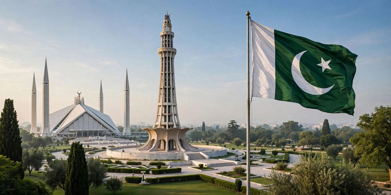 Young student proudly holding a Pakistani flag with landmarks faintly behind and green confetti in the air