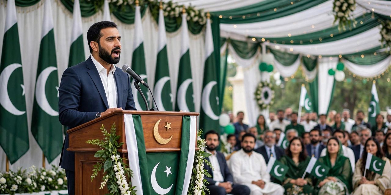 Students celebrating Pakistan Day with green and white flags at a school assembly