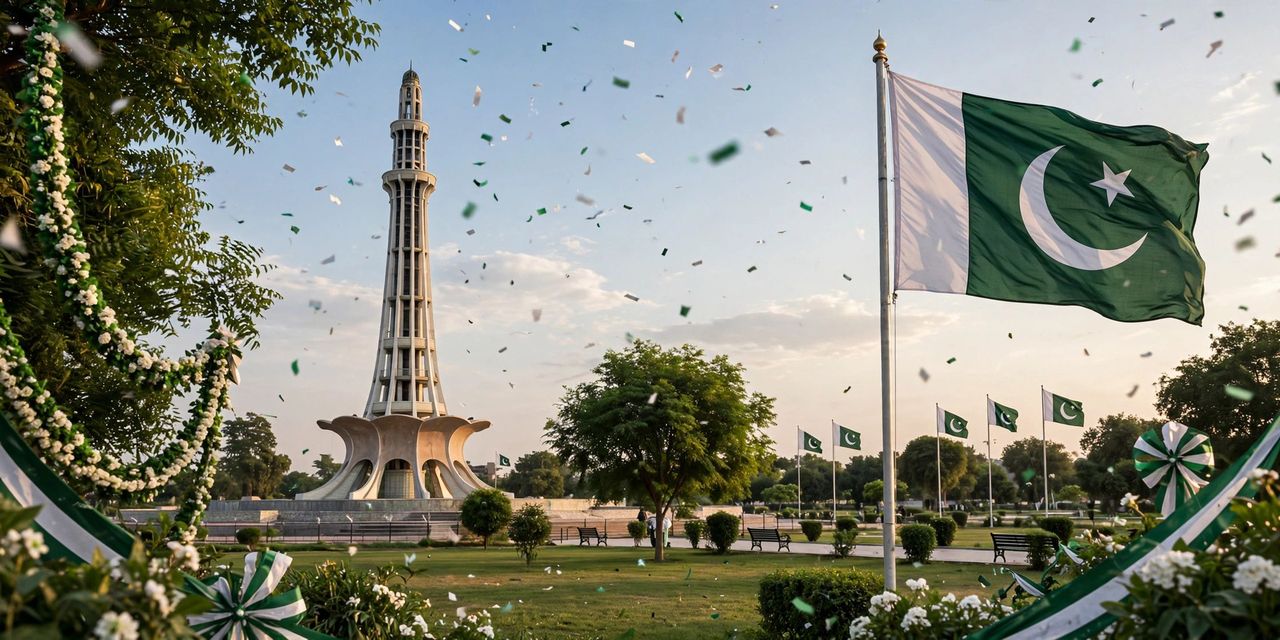 Minar-e-Pakistan glowing at dusk with Pakistani flags waving and fireworks for Pakistan Day Wishes