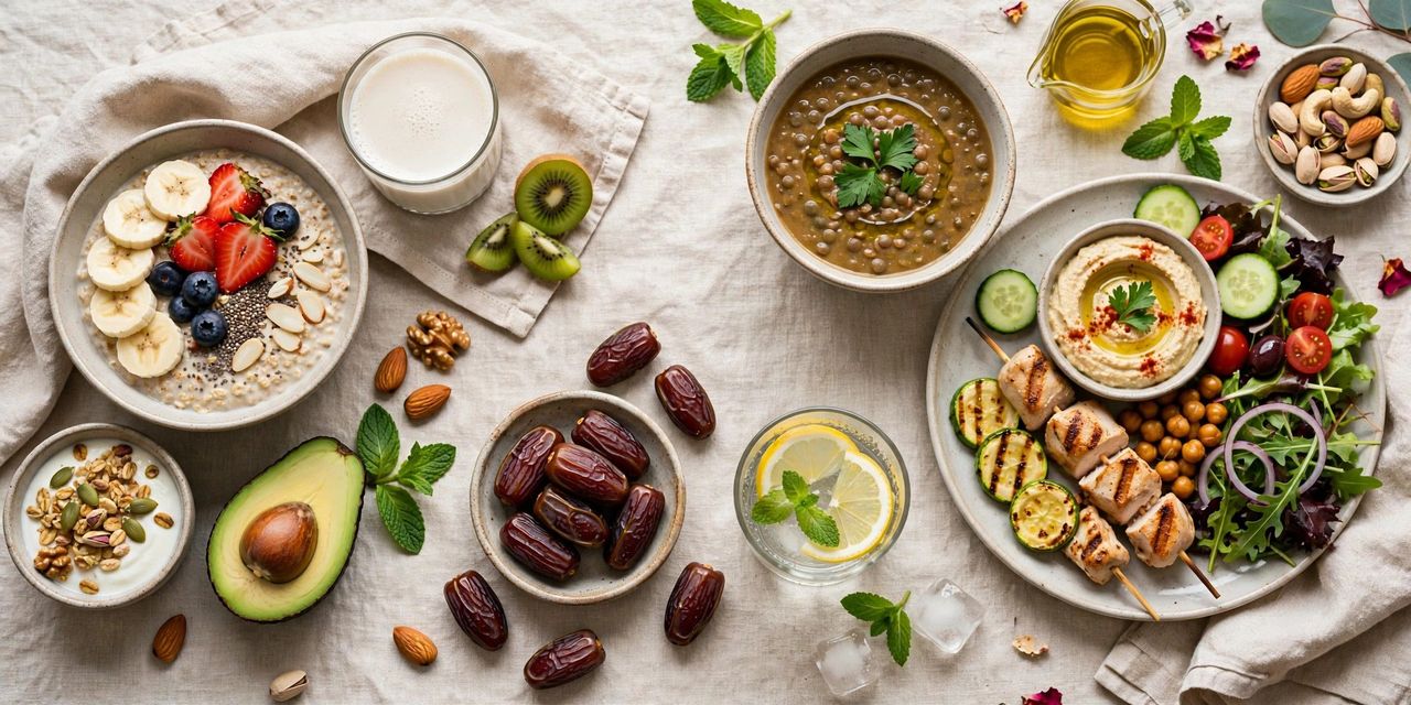 Healthy Ramadan meal with water, dates, salad and soup on a clean table with an early morning alarm clock