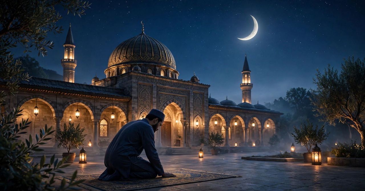 Serene mosque at night under a starry sky with a glowing crescent moon during Laylatul Qadr