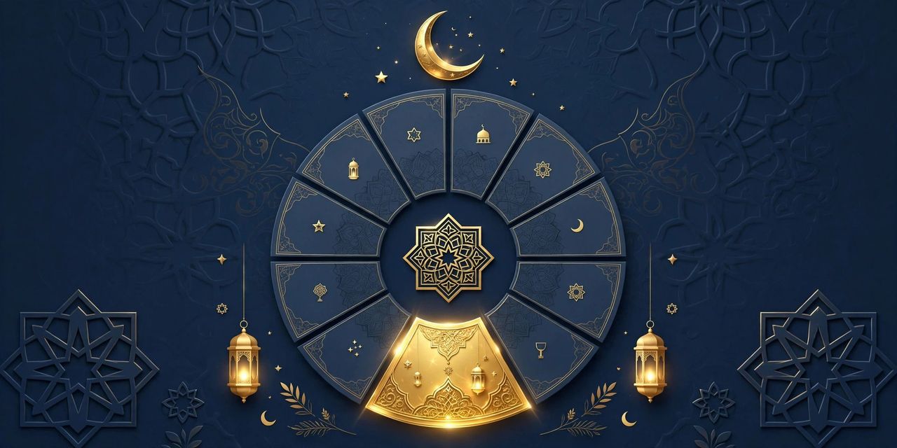 Mosque silhouette at dusk beneath a crescent moon with glowing lanterns, Ramadan 2027 dates scene