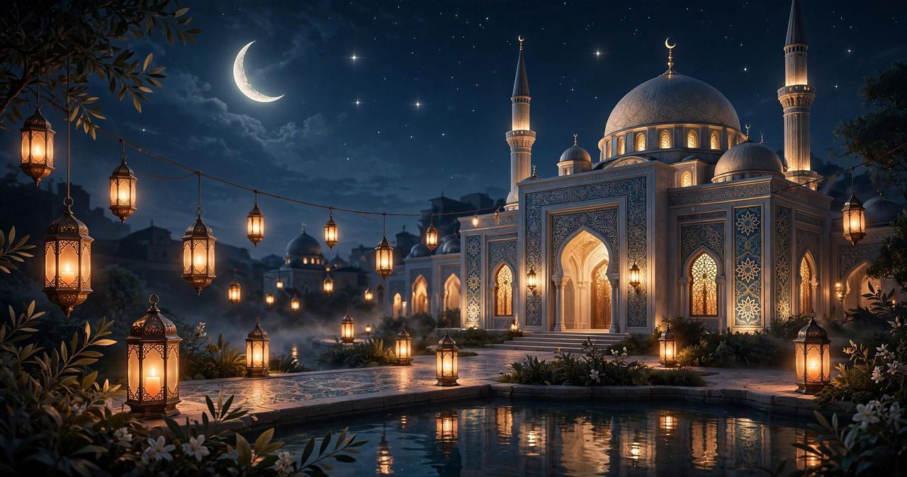 Glowing Ramadan lantern beside dates and prayer beads with a crescent moon through an arched window