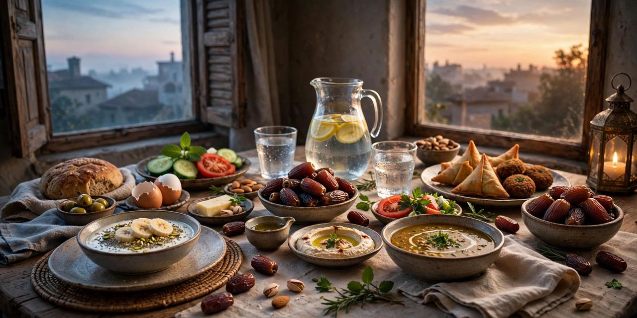 Iftar table at sunset with dates, fruit, samosas and juice as family hands reach for food