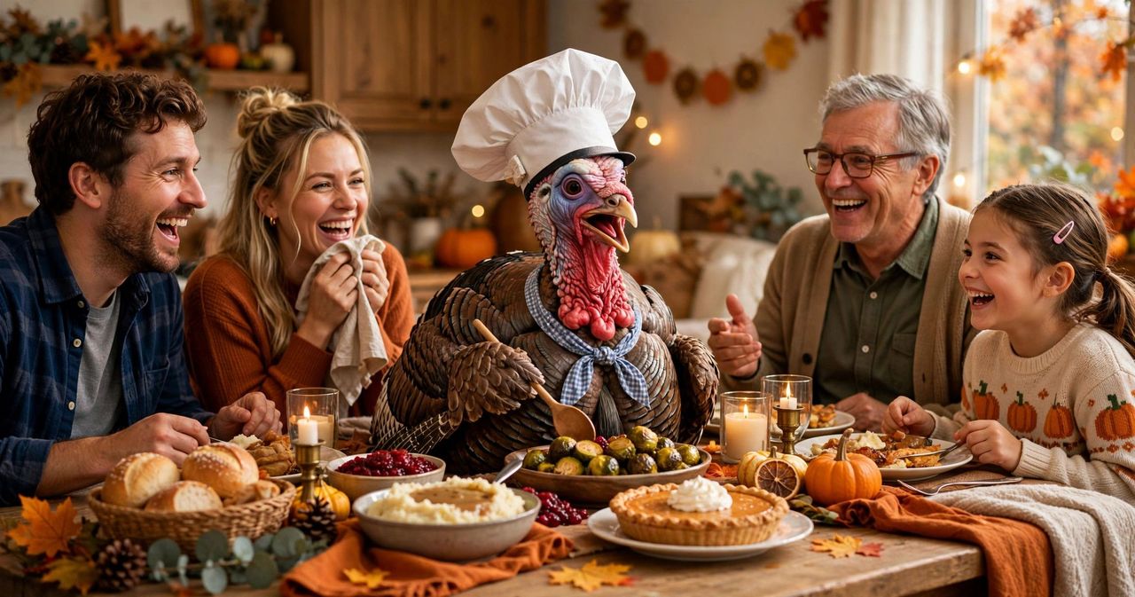 Happy family laughing together around a Thanksgiving dinner table with roast turkey and pumpkin pie