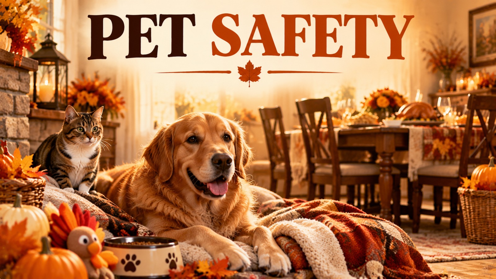 Calm dog resting on a blanket near a Thanksgiving dining room with a cat watching from a safe corner