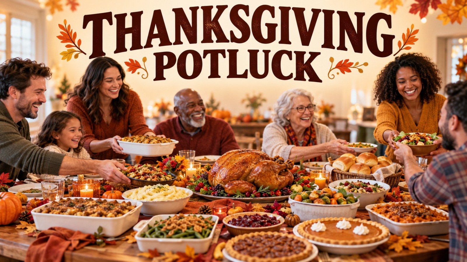 Thanksgiving potluck table with shared dishes, roast turkey, pies and salads on a long wooden table