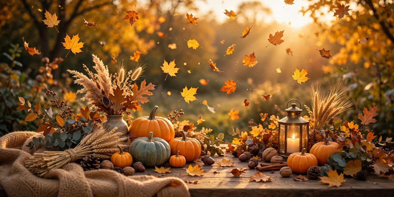 Open notebook with a fountain pen on an autumn table with fall leaves, acorns and warm candlelight