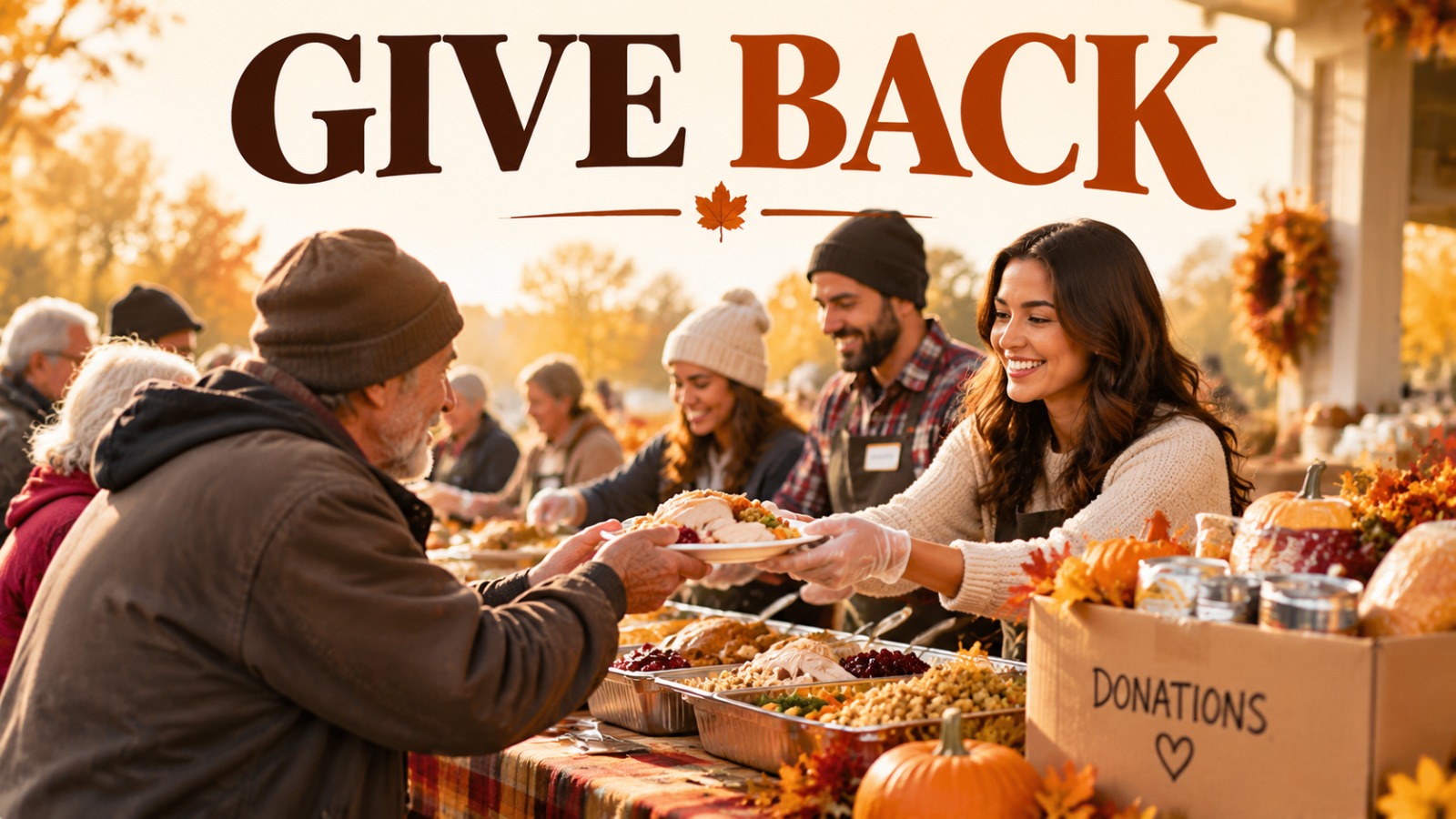 Volunteers serving a warm Thanksgiving meal at a community table with donation boxes nearby