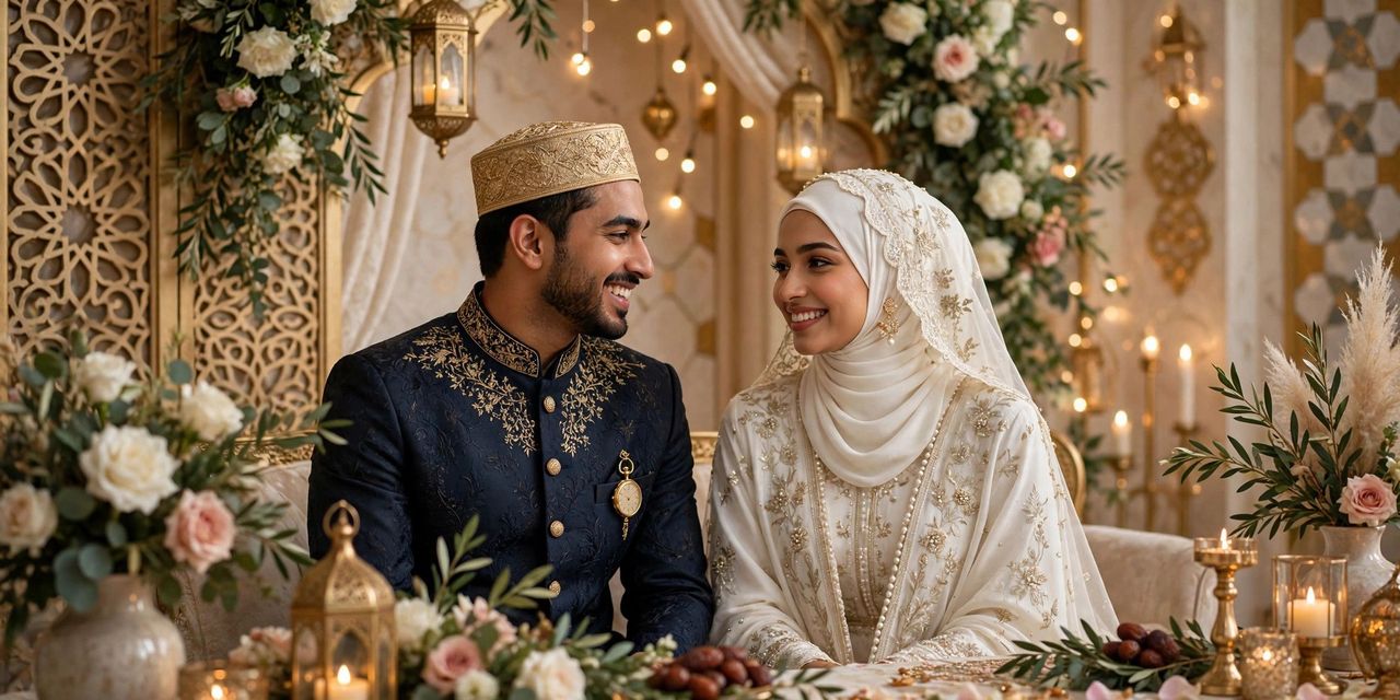 Serene Nikah ceremony scene with an ornate pen, marriage contract and soft floral decorations in warm light
