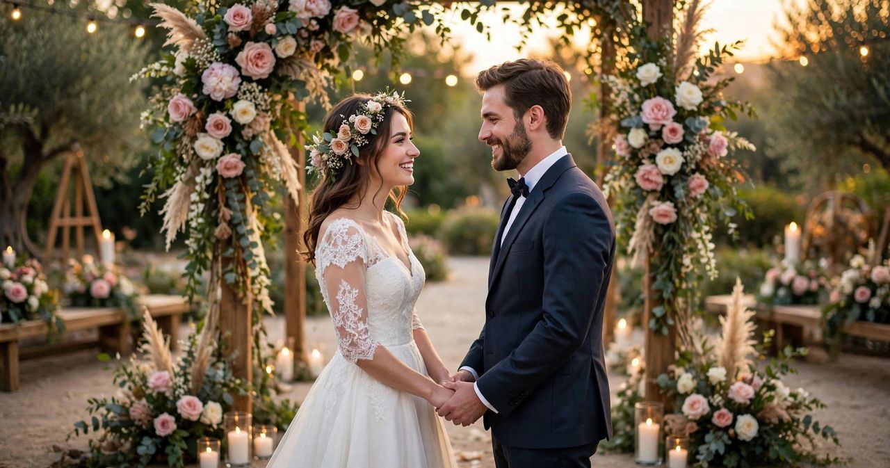 Elegant wedding scene with rings, flowers and a handwritten congratulations card for the newly married couple